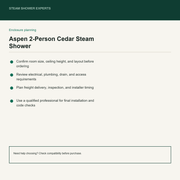 Aspen 2-Person Cedar Steam Shower & Sauna Room pre-install planning checklist
