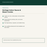 Heritage Indoor Sauna & Steam Combo Room pre-install planning checklist