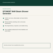 STCMOET 9kW Steam Shower Generator pre-install planning checklist