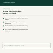 Nordic Barrel Outdoor Steam Shower & Sauna pre-install planning checklist