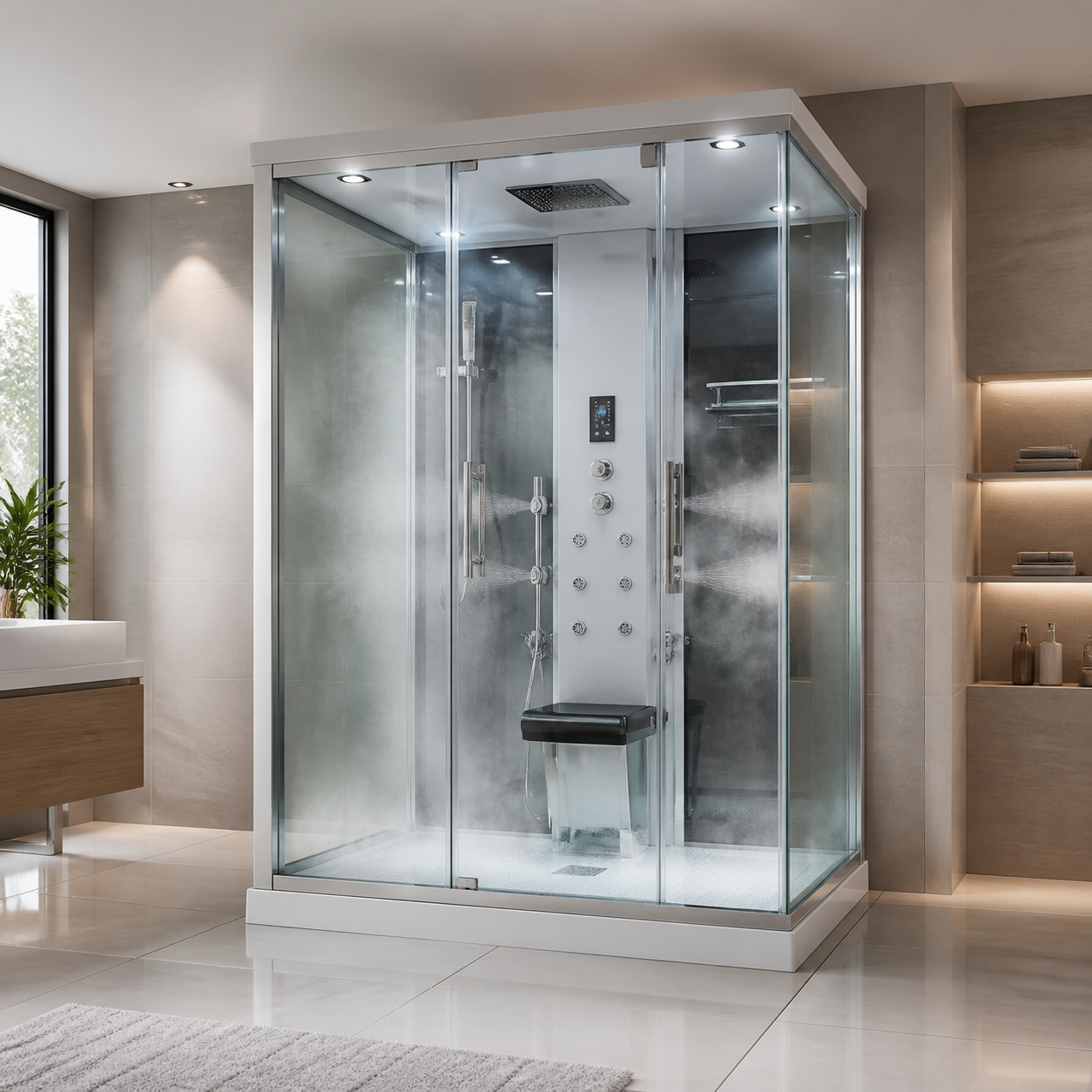 Glass steam shower enclosure with body jets in a modern bathroom