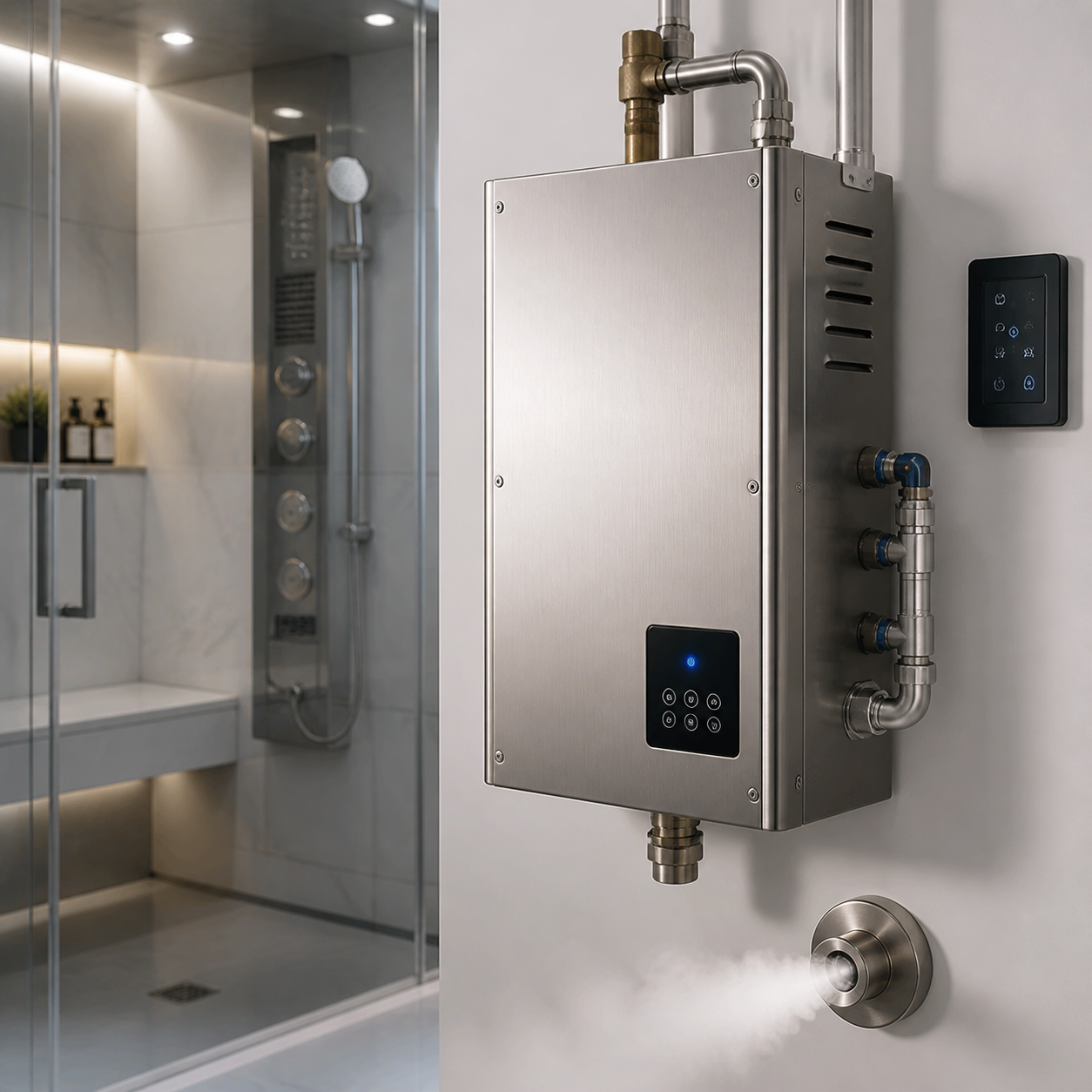 Installed stainless steel steam shower generator with digital control panel