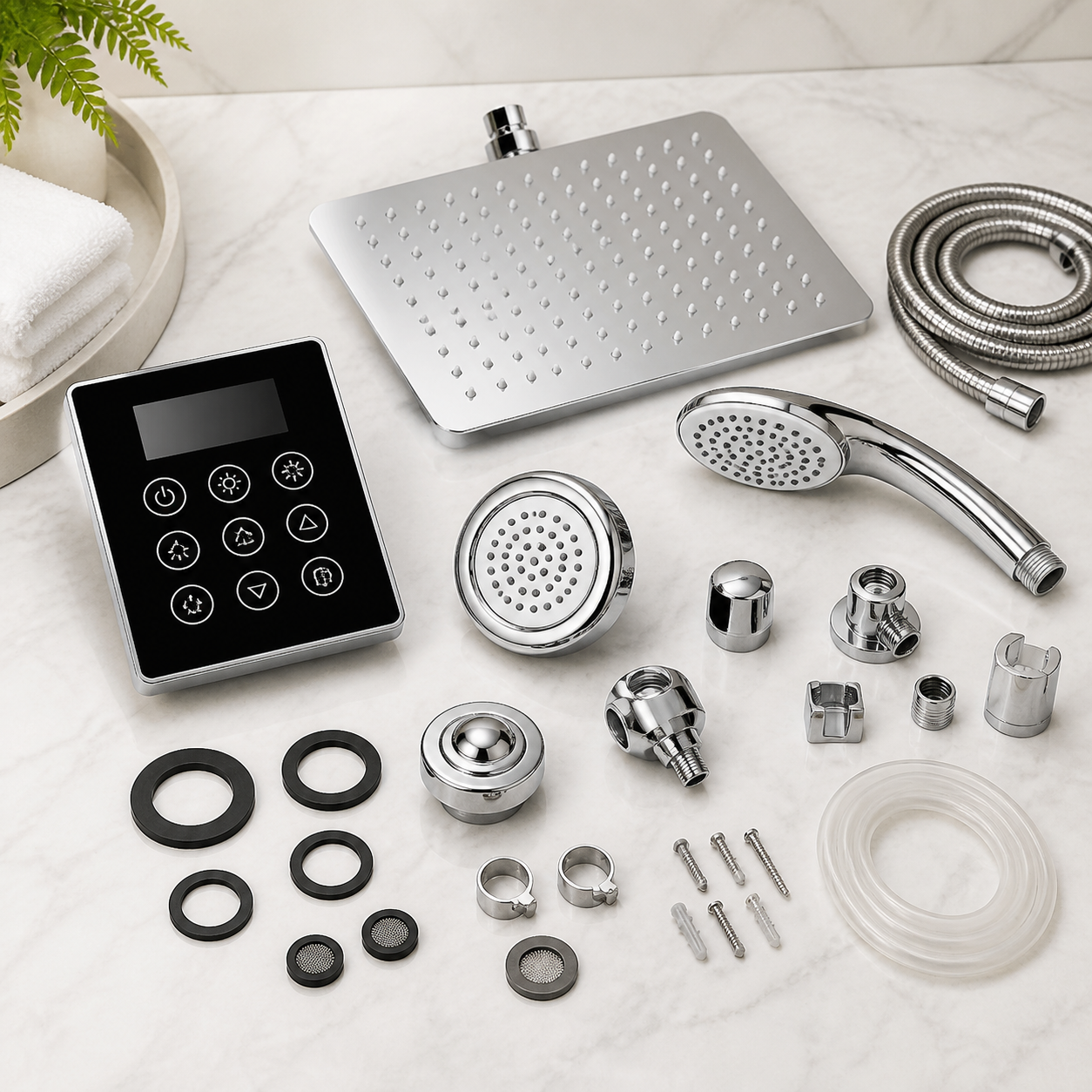 Steam shower control panel, shower head, nozzles, and chrome fittings