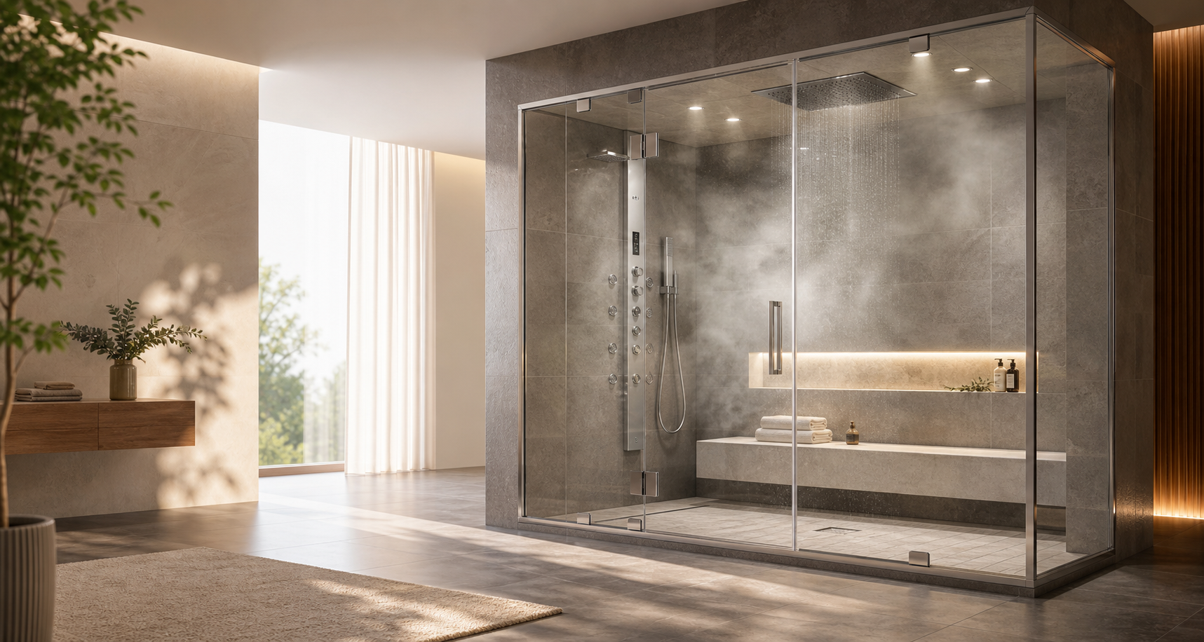 Luxury glass steam shower enclosure in a modern bathroom